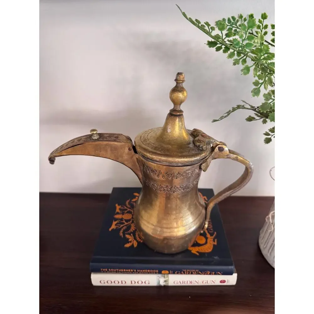 Antique Brass Engraved Dallah Pot • Moroccan Pitcher Copper Accents